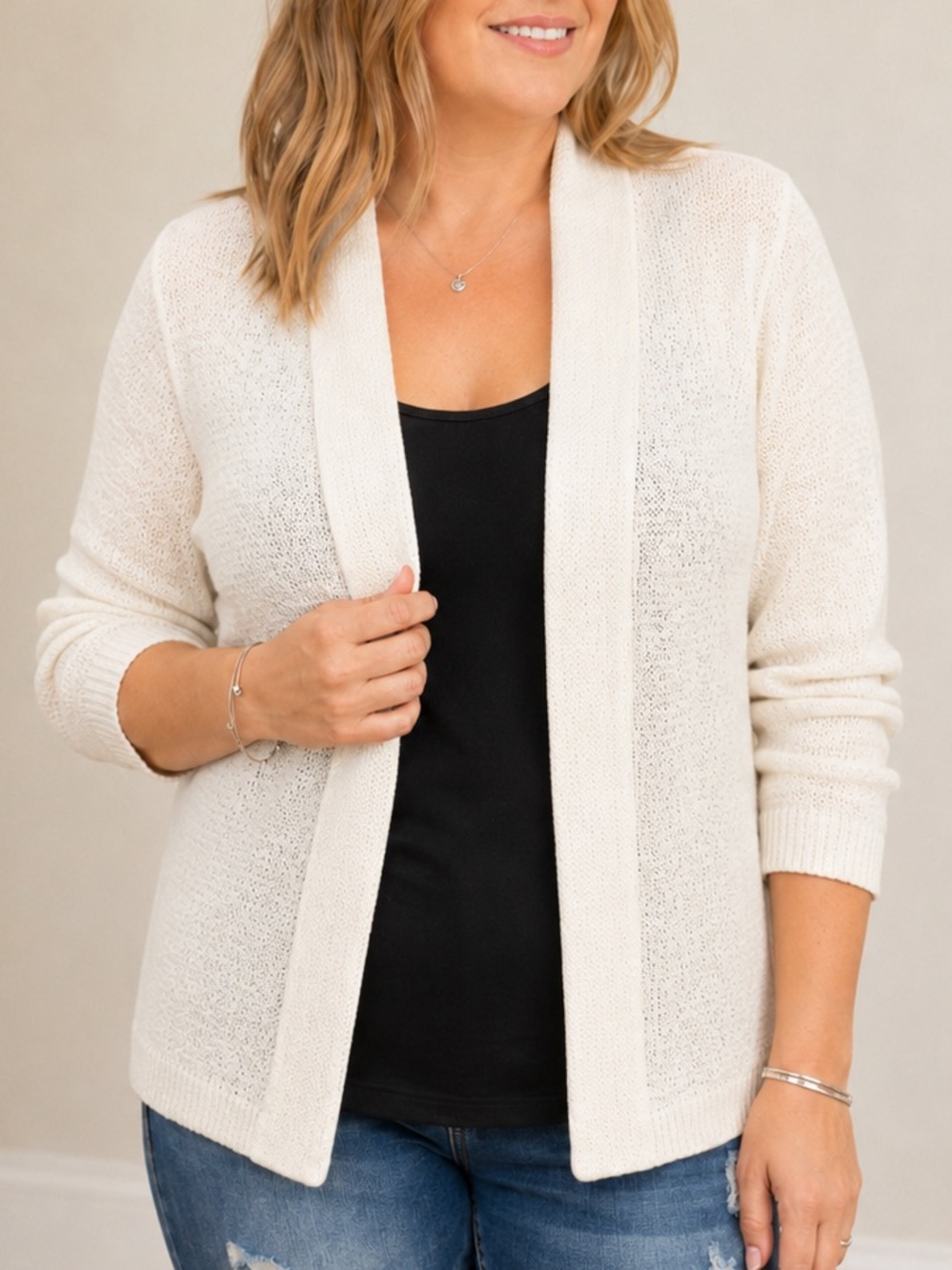 Cream Open-Front 3/4 Sleeve Cardigan